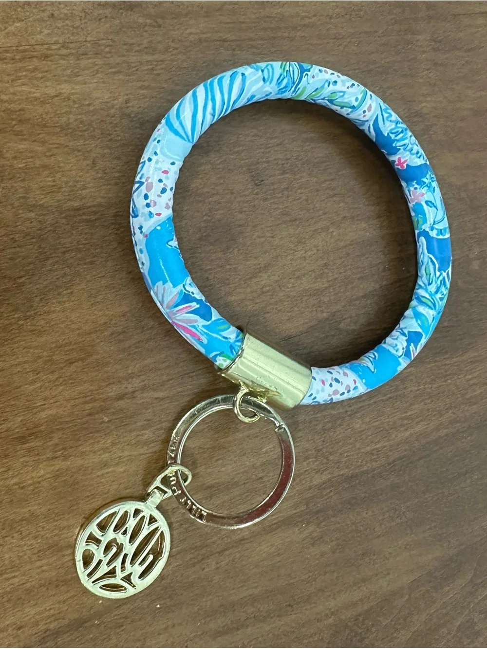 Lilly Pulitzer Blue pink Floral Wristlet Keyring with Gold Charm